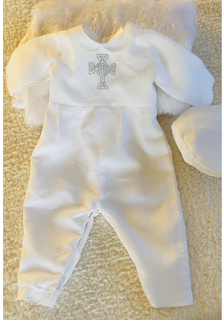 Handmade Irish Linen Romper with celtic emblem, christening outfit for boys
